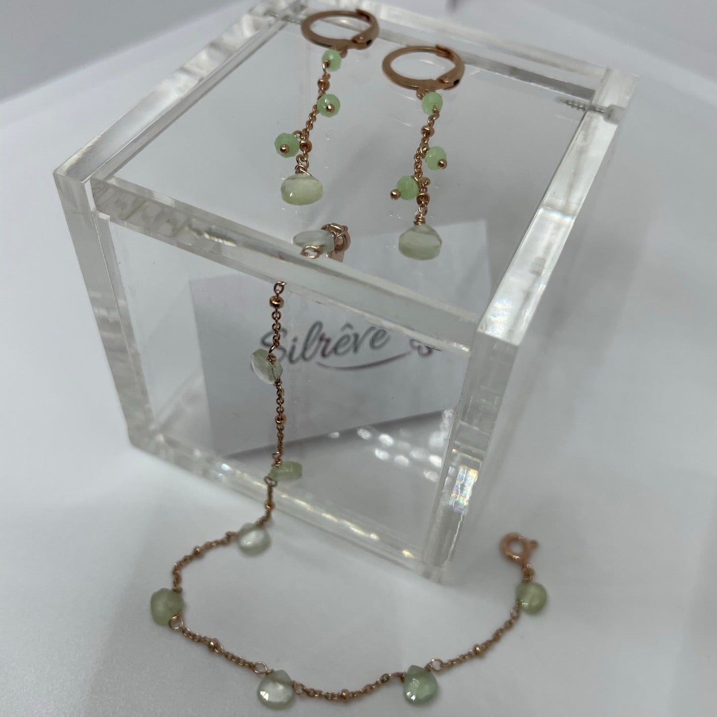 Braccialetto in Ag. 925 rosato, con gocce di Prenite