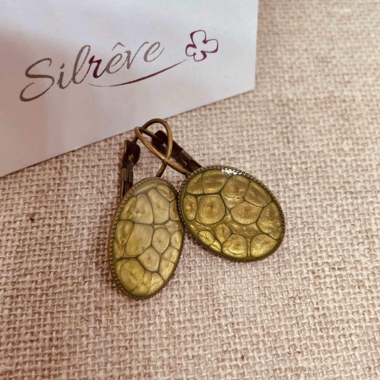 Orecchini ovali in bronzo, smaltati e vetrificati amano.