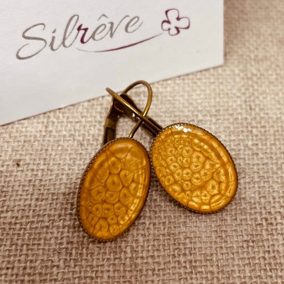 Orecchini ovali in bronzo, smaltati e vetrificati amano.