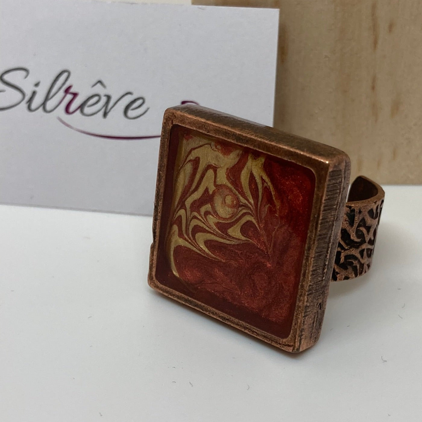 Anello quadrato in rame rosso 'Olio su tela'