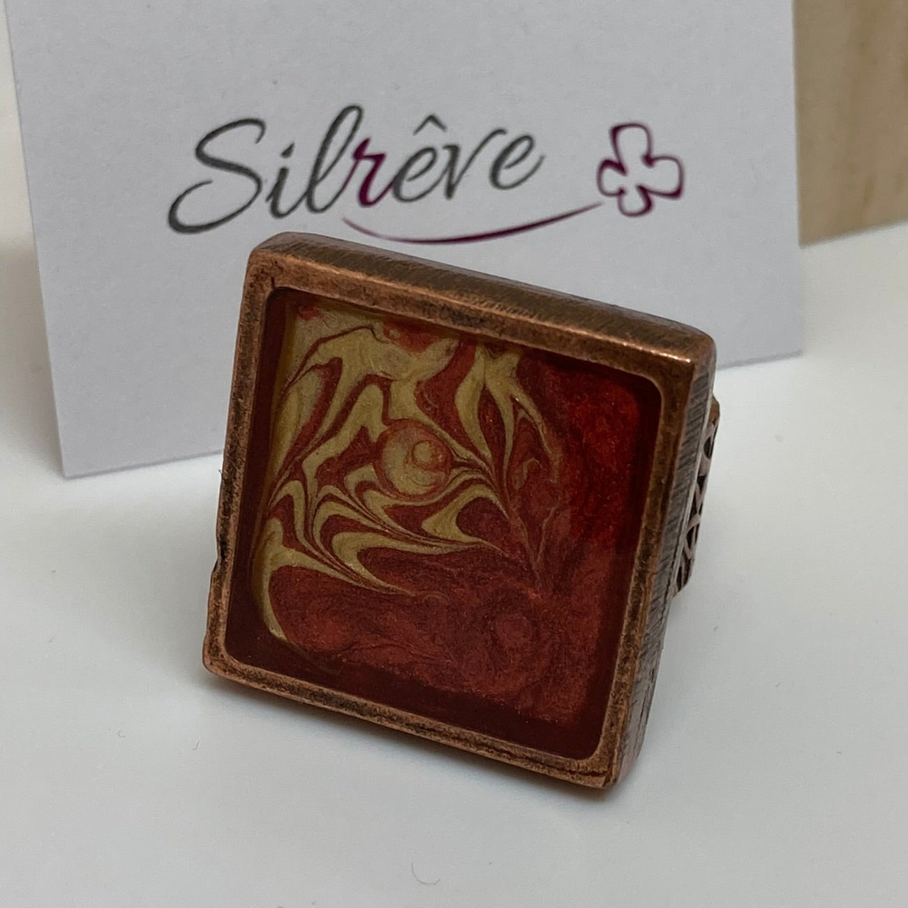 Anello quadrato in rame rosso 'Olio su tela'
